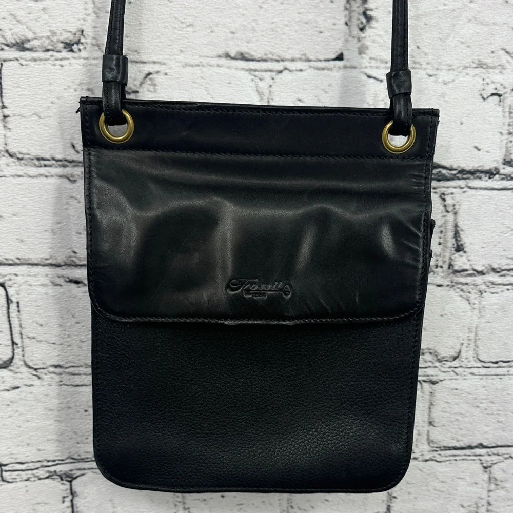 FOSSIL Vintage Leather Crossbody Organized Double Sided Flap Messenger Bag BLACK